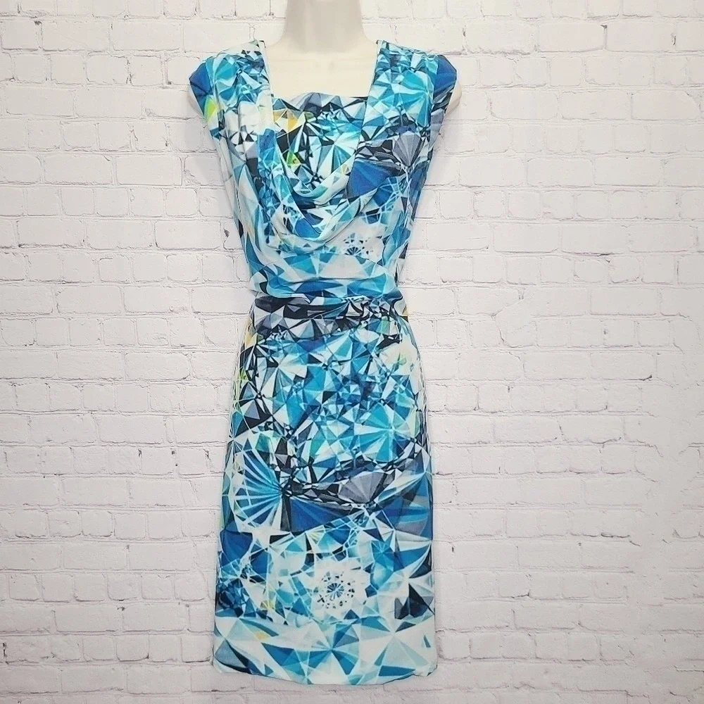 Magaschoni New York Blue Geometric Diamond Print 100% Silk Cowl Neck Dress 2 - Picture 1 of 9